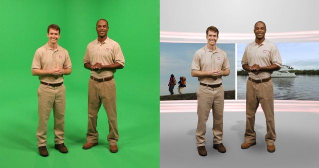 Two men standing in front of a green screen with chroma key. You can use a green screen to create your vlogs!