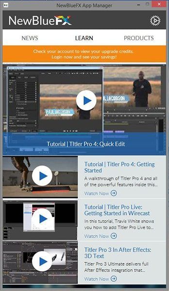 Learn Tab NewBlue app Manager Learn Tab
