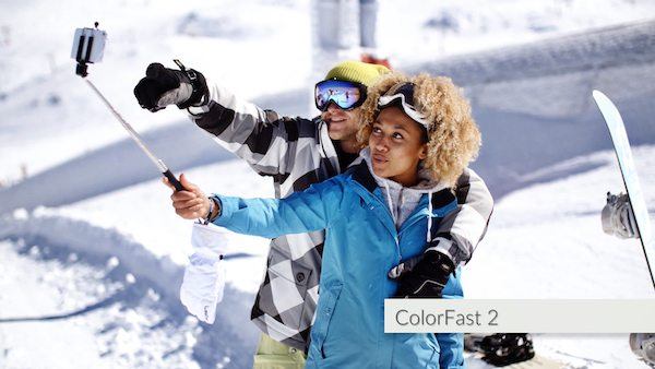 Video Color Correction Example of Colorfast 2 Snowboarders taking selfie. Enhanced with Colorfast 2.