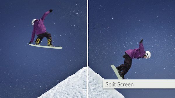 Video Split Screen Example Example of Video Split Screen with snowboarder flying through air and landing.